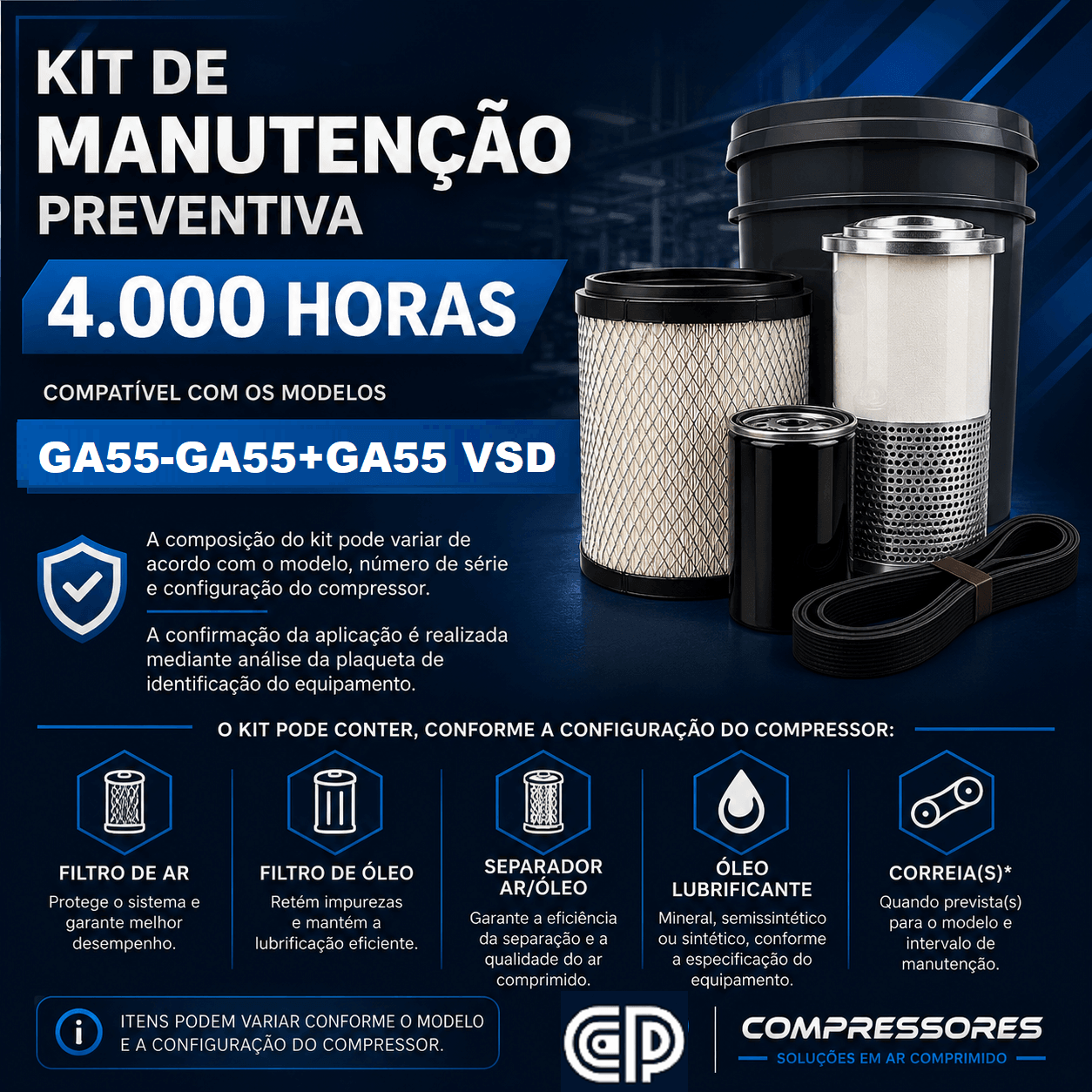 Kit de Manutenção Compatível 4.000 Horas – Referência Atlas Copco GA55
