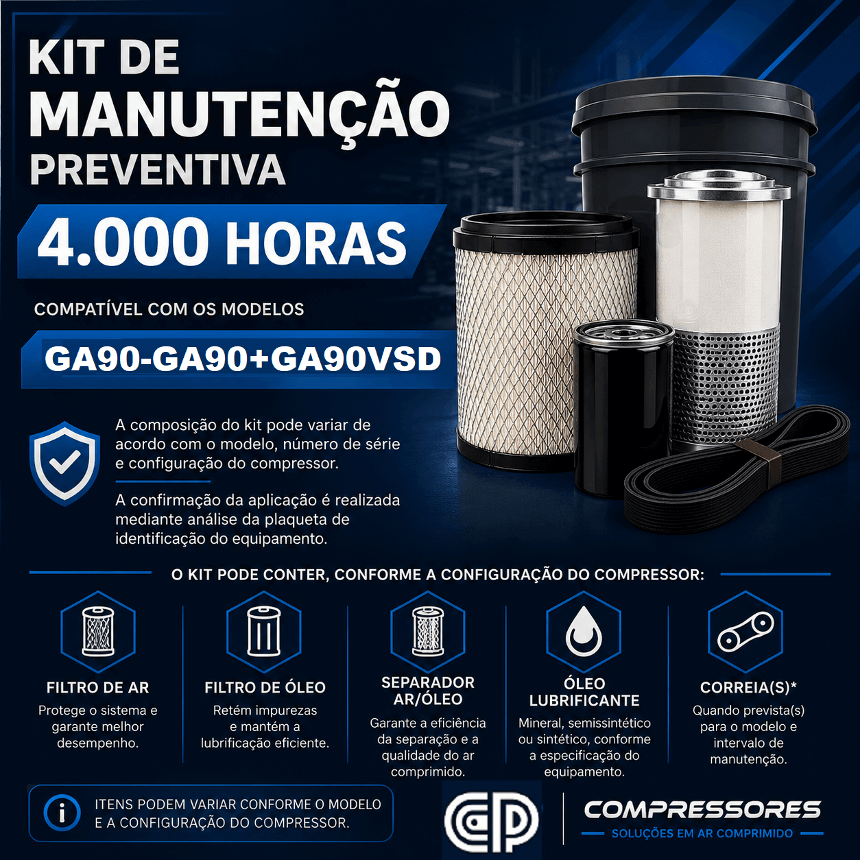 Kit de Manutenção Preventiva Compatível 4.000 Horas – Referência Atlas Copco GA90